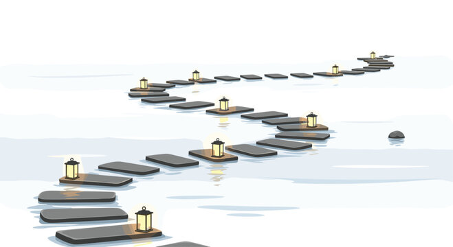A winding path of dark grey stepping stones, each topped with a glowing yellow lantern, stretches across calm, reflective water against a bright white background.