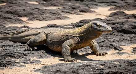 Komodo dragon, a massive reptile, roams across the rugged terrain, showcasing its formidable presence in a sun-drenched landscape. 