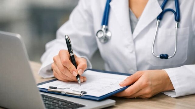 Female doctor writing notes on clipboard for hospital schedule, history record or healthcare checklist. 
