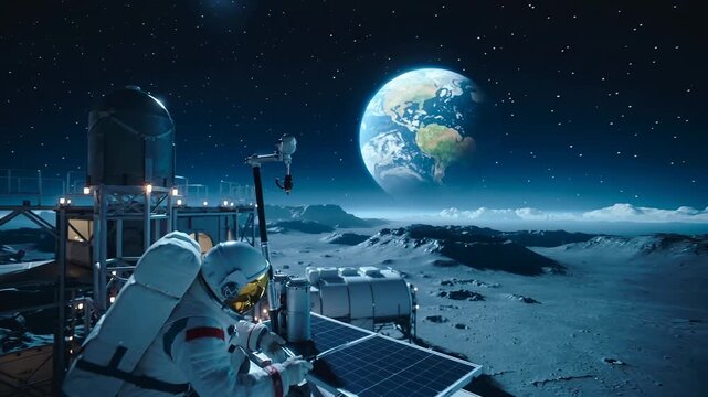 Astronaut installing solar panel on lunar base station. Space exploration and renewable energy on moon surface with earth in background. Panning camera movement.