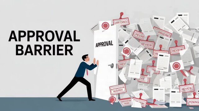 Obstacle to Approval: A conceptual illustration depicting an individual's struggle to overcome the approval barrier, with a flood of paperwork representing challenges in securing approval. 