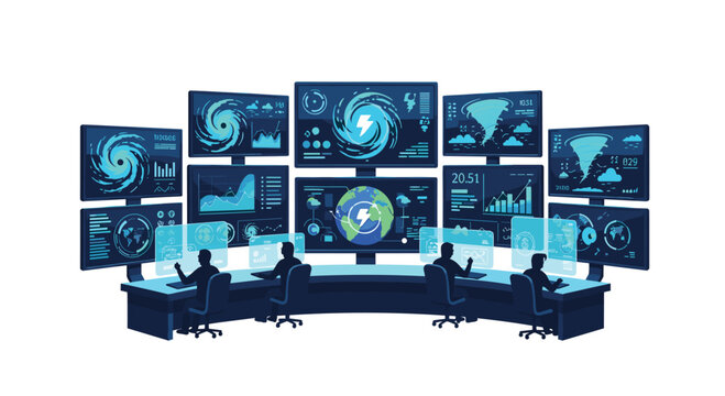 Four anonymous figures are seated at a dark curved desk, intently observing a large array of nine blue data screens displaying weather patterns.