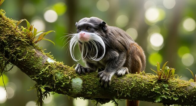 An emperor tamarin perched gracefully on a moss-covered branch in a sun-dappled rainforest, its regal mustache a testament to nature's artistry.