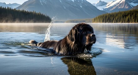 A majestic Newfoundland dog enjoys a refreshing swim in a serene mountain lake, surrounded by towering peaks and lush evergreen forests. 