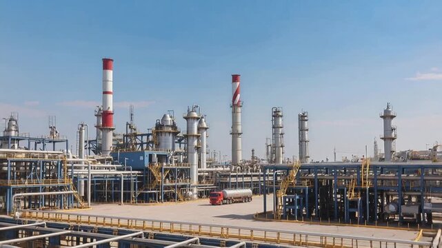 Red fuel tanker truck parked at industrial oil refinery. Backward camera movement revealing wide shot of chemical plant infrastructure.