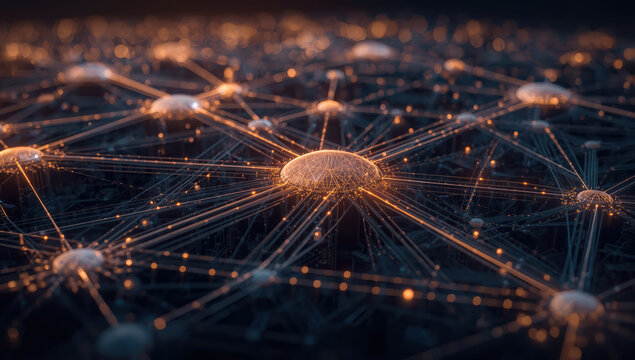 Network node hub glowing with interconnected fiber optic links and warm light
