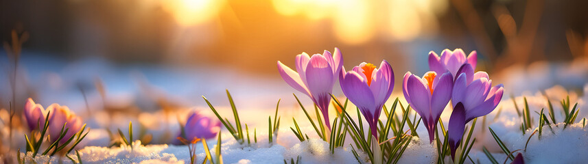 Fototapeta premium Colorful crocus flowers and grass growing from the melting sun, blue sky and sunshine in the background. Concept of spring coming and winter leaving.