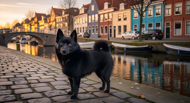 A picturesque scene of a Schipperke dog standing proudly on a cobblestone path along a tranquil canal, framed by colorful buildings, trees, and bridges.  