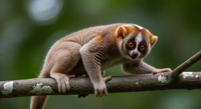 A captivating close-up of a slender loris, perched on a tree branch, its large eyes reflecting curiosity. Capturing a moment of wonder and connection with nature.
