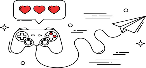 Gaming Controller Line Art Vector Illustration with Love Reaction Chat Bubble and Paper Plane Message for Online Gaming, Streaming, and Communication Design © MDMAHADI