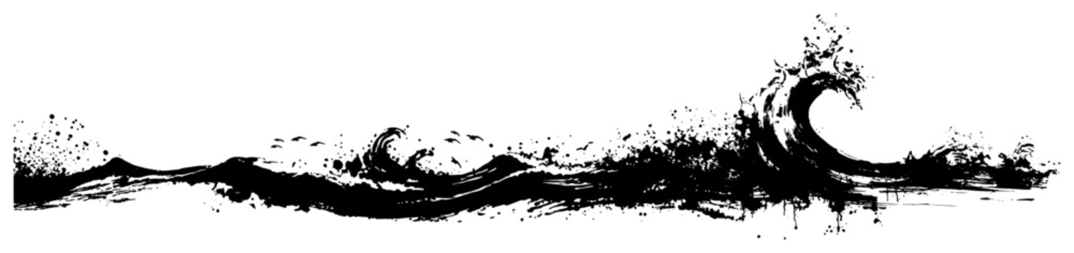 Stylized ocean wave horizontal border with artistic ink splatters and water splashes