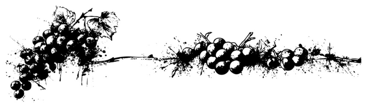Artistic horizontal border with grapes and vine leaves in black ink splash style