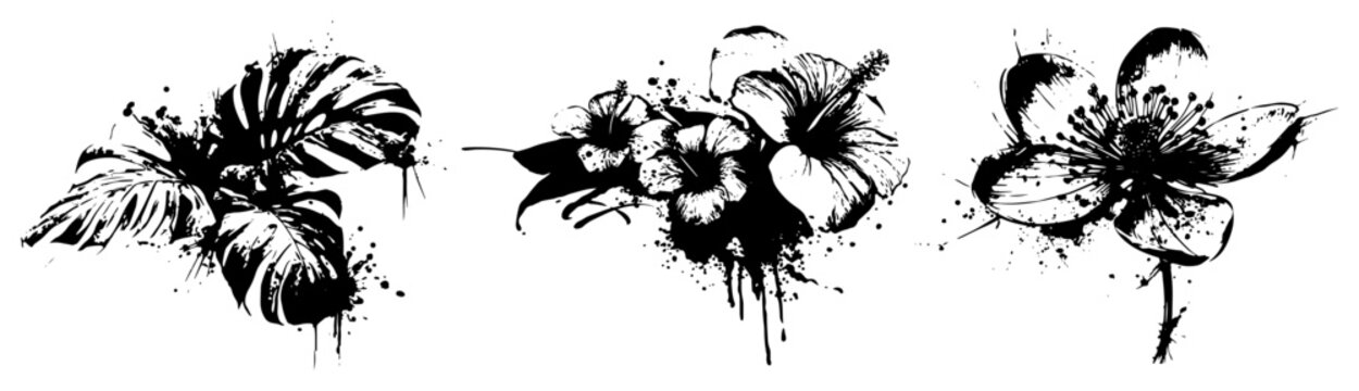 Set of tropical hibiscus flowers and exotic leaves in artistic black ink style