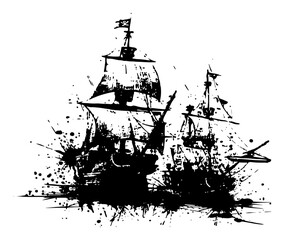 Pirate sailing ships on the sea in artistic black ink splatter and grunge style © UrbanDruid