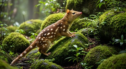 A charming Quoll, its distinctive speckled coat blending harmoniously with the vibrant moss and forest foliage, exemplifies the wild beauty.