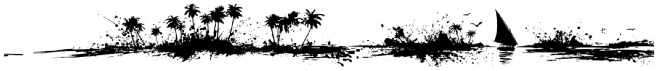 Wide panoramic tropical island with palm trees in black ink grunge art style © UrbanDruid