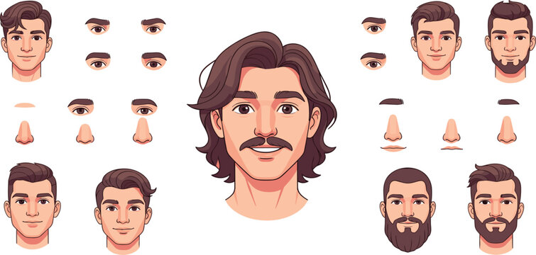 Male Face Character Creator Vector Set with Different Hairstyles, Beards, Eyes, and Facial Features for Avatar Design, Animation, and Custom Portrait Creation