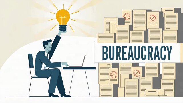 Bureaucracy Metaphor: A worker in a suit surrounded by paperwork and an idea lightbulb, illustrating the concept of bureaucracy, idea, and paperwork.