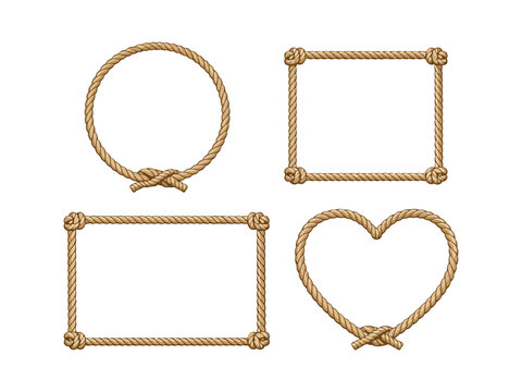 Nautical Rope Frames Collection with Knots &ndash; Circle, Rectangle and Heart Rope Borders Set