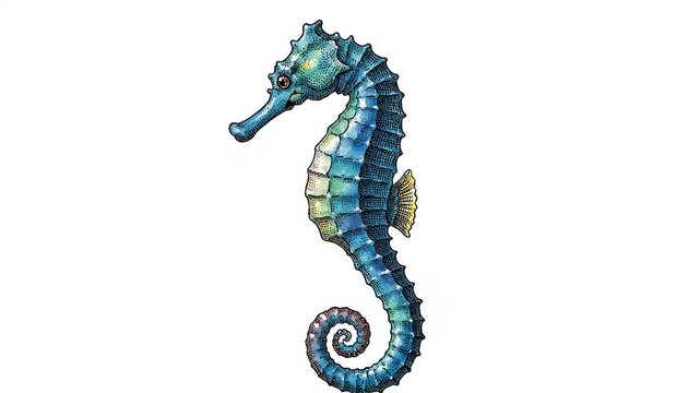 Blue seahorse illustrated in antique hand colored engraving style gently floating. Detailed marine line art with natural ocean colors isolated on white background.
