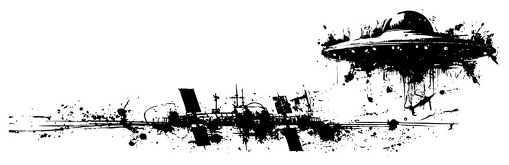 Flying saucer UFO and space station silhouette with artistic ink splatters