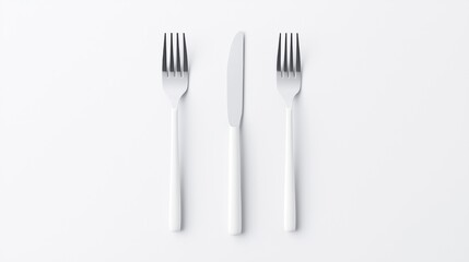 A white table setting with a knife and fork.