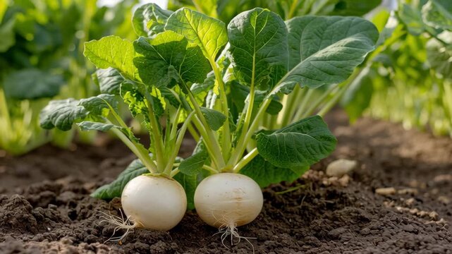 Young turnips growing in rich brown soil with green leaves. Rows of turnips in a garden at sunset. root vegetables. Fresh white turnips Radishes in a farmland rich ground land. Spring harvest concept.