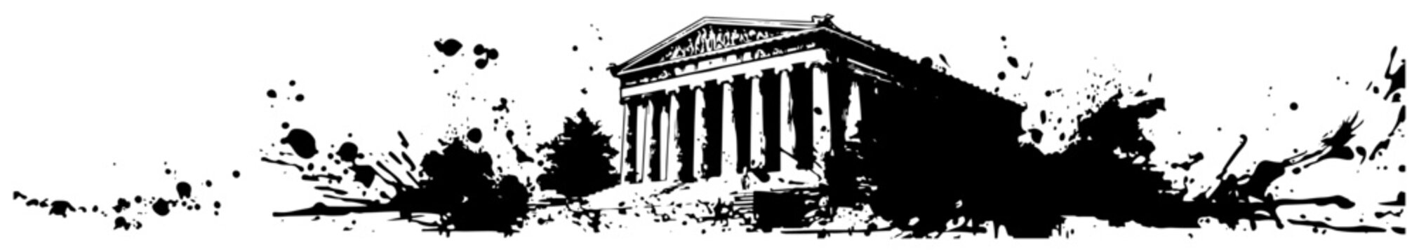 Wide horizontal panoramic border with ancient greek temple in black ink splatter style