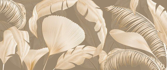 Fototapeta premium Tropical art banner featuring exotic plant leaves in beige tones with line elements. Botanical banner is perfect for decor, wallpaper, prints, posters, packaging, and interiors.
