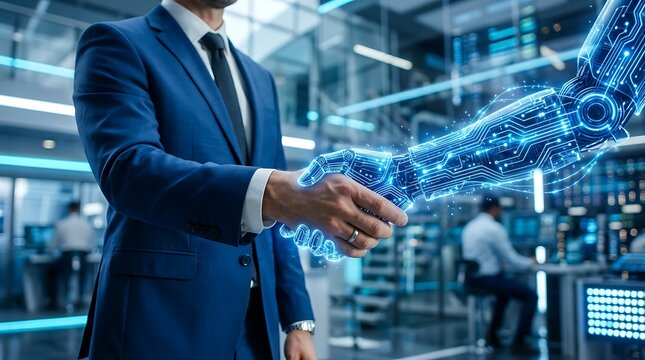 Businessman shaking hands with digital AI robotic arm in futuristic modern office symbolizing technology partnership and innovation.