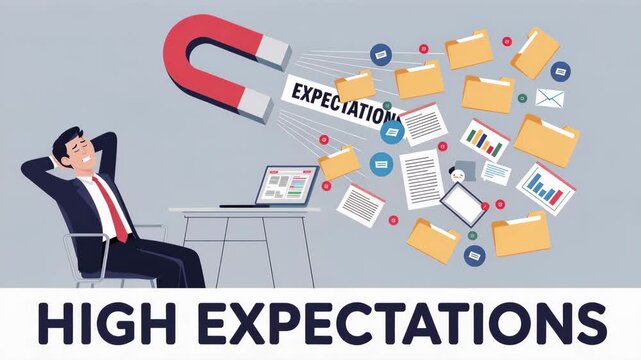 High Expectations: A visual metaphor of a person relaxing while a large magnet representing high expectations pulls documents, symbolizing the weight of ambition.
