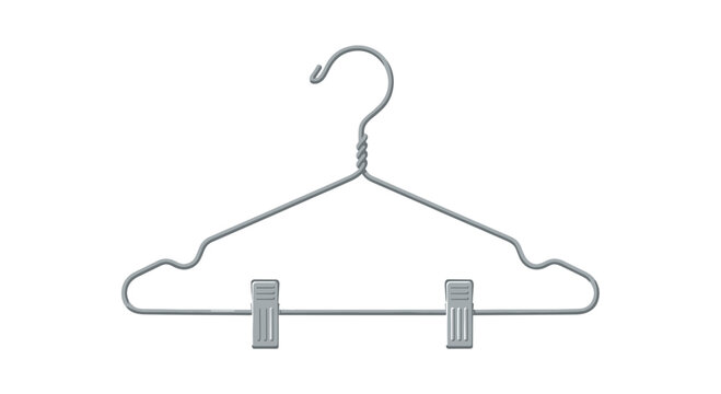 A simple silver wire clothes hanger with a twisted hook and two functional clips is depicted on a pure white background.