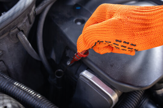 Man in orange gloves checks the oil level in the engine compartment of a car with a dipstick on a bright day at a repair shop