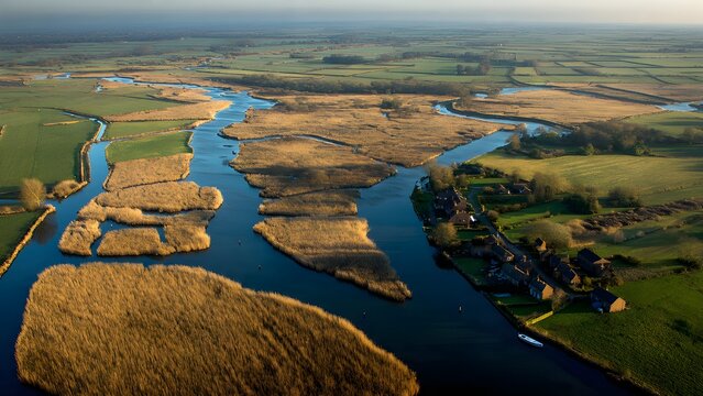 Beautiful, isolated, serene, unpopulated landscape showcasing Norfolk Broads &ndash; Flat wetlands and rivers
