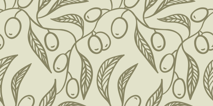 seamless pattern with olive branches and leaves on light background hand drawn vector illustration for oil packaging design art