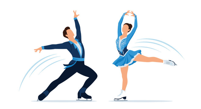 A male and female ice skater gracefully perform in elegant blue costumes, with the man extending his arms and the woman posing on one leg, leaving trails on a white surface.