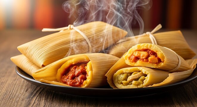 Steaming hot tamales filled with savory meats and sauces, served on a dark plate