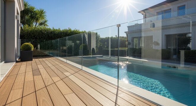 Swimming pool on sunny terrace with glass fence. Wooden deck beside water in luxury house backyard. Real estate architecture, modern exterior design, summer vacation relaxation concept.