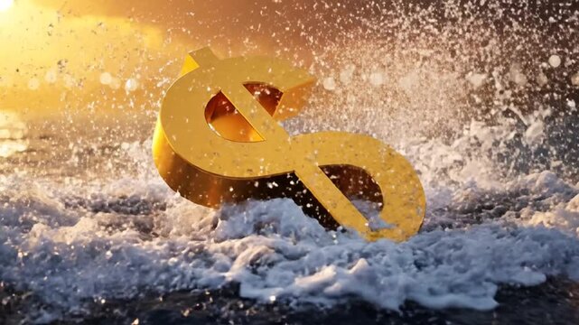 Golden currency symbol splashing in ocean waves at sunset from a low angle viewpoint