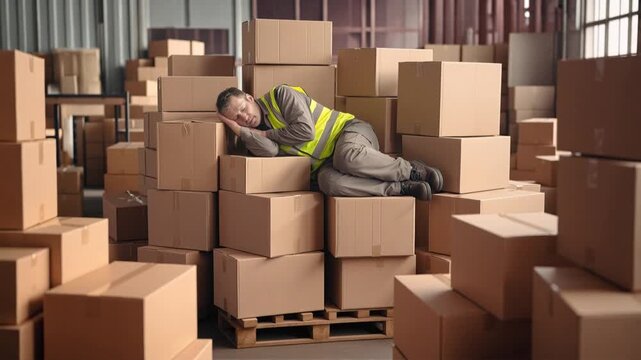 Exhausted warehouse worker sleeping on cardboard boxes. Tired employee in safety vest resting during break in storage facility. Panning and tilting camera movement.