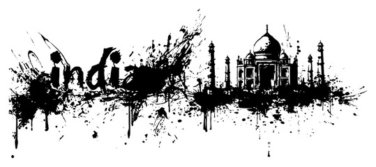 India word typography with Taj Mahal landmark in grunge ink style © UrbanDruid