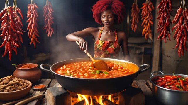 African woman with red afro hair stirring spicy stew in large pot over open fire. Lockdown medium shot.