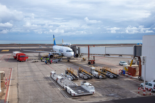 Condor aircraft ready for boarding at airport cesar Manrique in Lanzarote