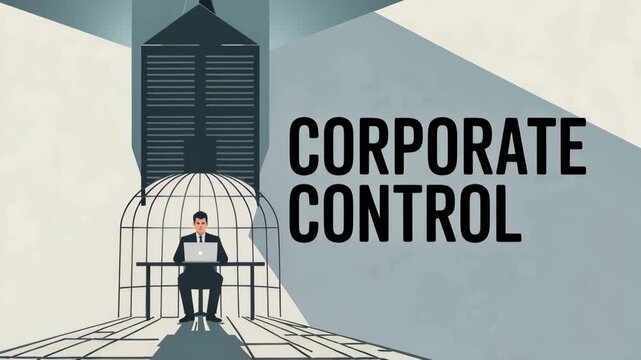 Corporate Control Illustration: An illustration depicting a person trapped in a cage, symbolizing corporate control and restricted freedom, accompanied by stark text.