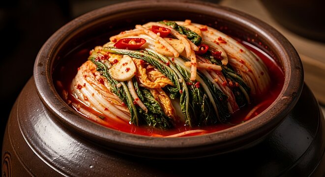 Traditional Korean kimchi fermentation in a rustic earthenware pot, a staple of Asian cuisine