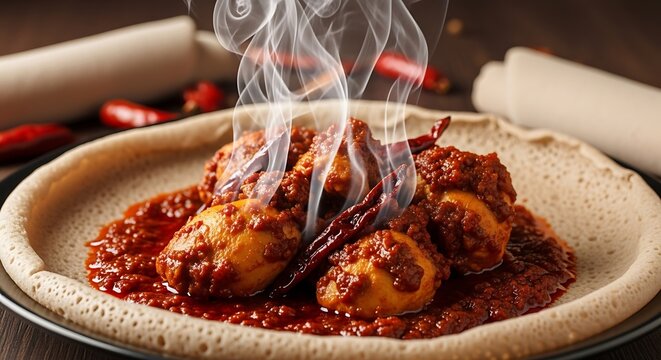 Steaming hot Ethiopian Doro Wat with injera bread and dried chili peppers