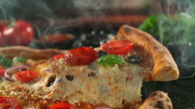 Ultra Slow Motion of Pizza with Melted Cheese Stretching Between Slices at 1000fps.