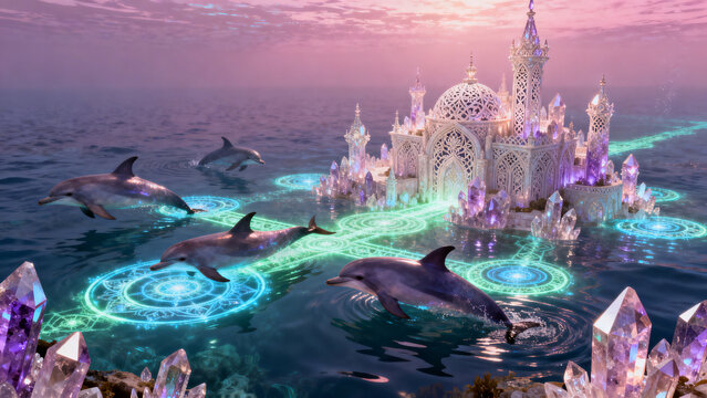 Fantasy scene with majestic Lemurian city composed of intricately carved shimmering crystals in hues of amethyst rises from the ocean floor, with dolphins swimming through glowing light portals