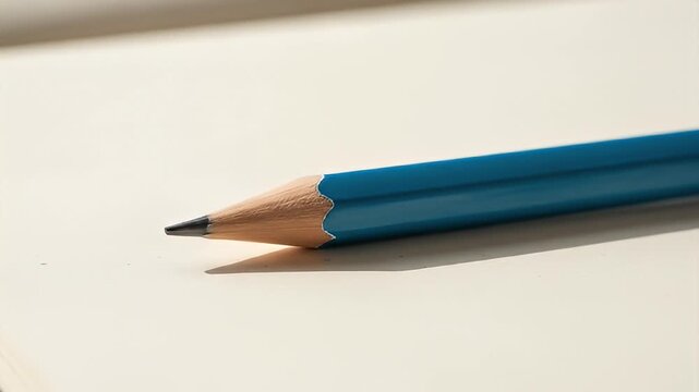 Close-up of a blank, light-colored page with a blue pencil resting on the right edge
