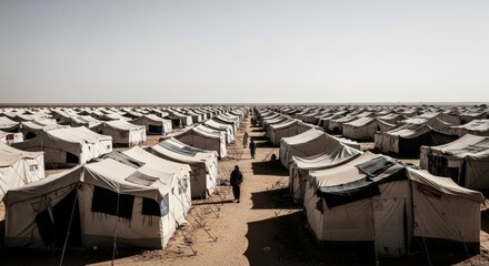 Fototapeta premium Rows of refugee tents under a vast, pale sky